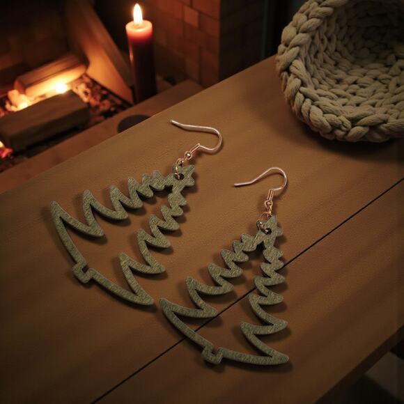 Green Wood Christmas Tree Earrings - Picture 3 of 8